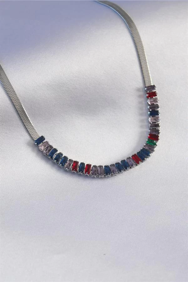 316l Çelik Gümüş Renk İtalyan Zincir Model Renkli Zirkon Taşlı Kadın Kolye