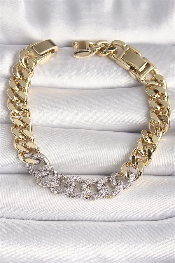 Pirinç Gold Renk Zirkon Taşlı Halka Zincir Xuping Vip Seri Exculusive Kadın Bileklik