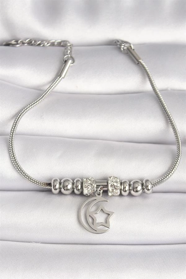 316l Çelik Gümüş Renk Tüp Zincir Zirkon Taş Detaylı Sallantı Ay Yıldız Figür Kadın Bileklik