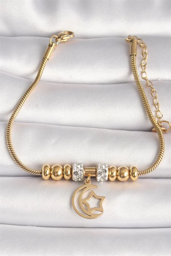 316l Çelik Gold Renk Tüp Zincir Zirkon Taş Detaylı Sallantı Ay Yıldız Figür Kadın Bileklik