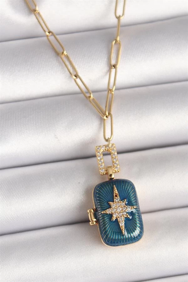 316l Çelik Gold Renk Açılır Mavi Sandık Model Zirkon Taşlı Kutup Yıldız İşleme Model Kadın Kolye