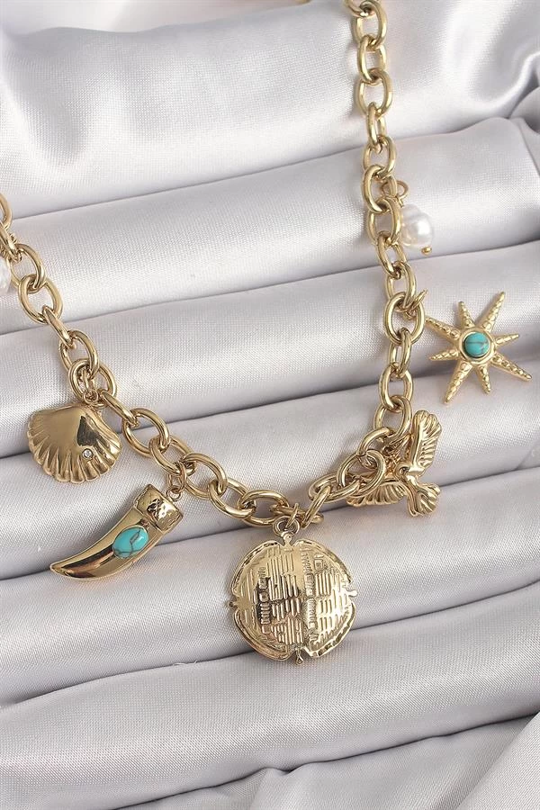 316l Çelik Gold Renk Zincir Sallantılı Çoklu Figür Model Kadın Kolye