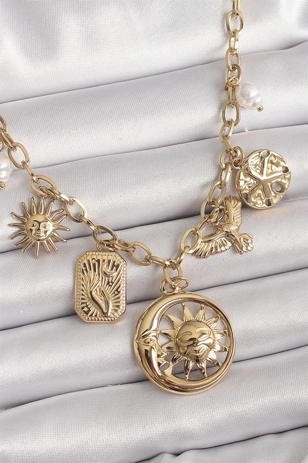 316l Çelik Gold Renk Halka Zincir Sallantı Ay Güneş Figür Kuş Detay Kadın Kolye