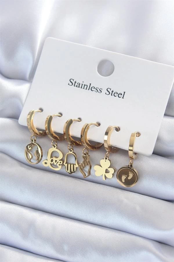 316l Çelik Gold Renk Çoklu Figür Model Kadın Küpe Seti