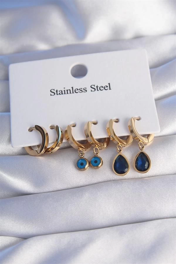 316l Çelik Gold Renk Oval Tasarım Mavi Zirkon Taşlı Damla Model Küpe Seti