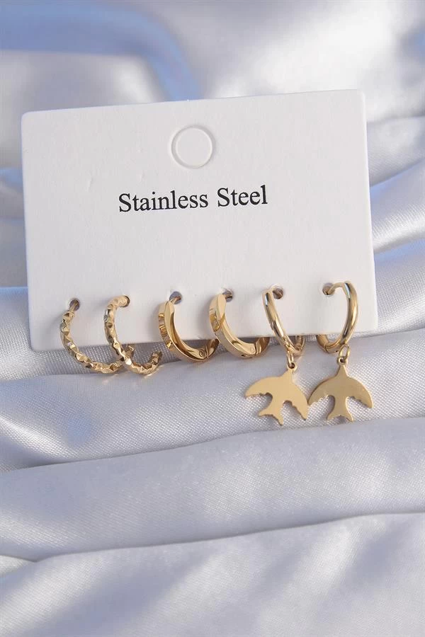 316l Çelik Gold Renk Oval Tasarım Kuş Model Küpe Seti