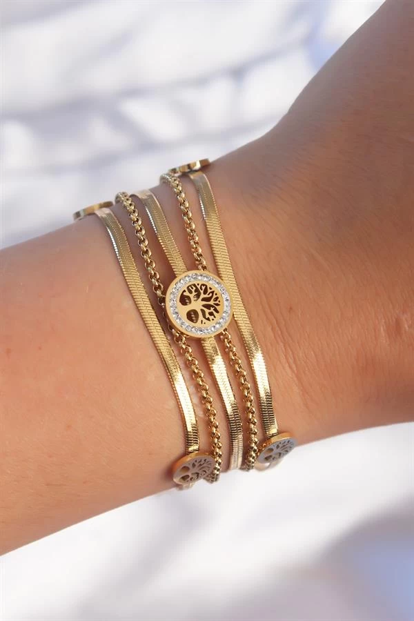 316l Çelik Gold Renk İtalyan Zincir Detaylı Zirkon Taşlı Yaşam Ağacı Tasarımlı Çoklu Bileklik