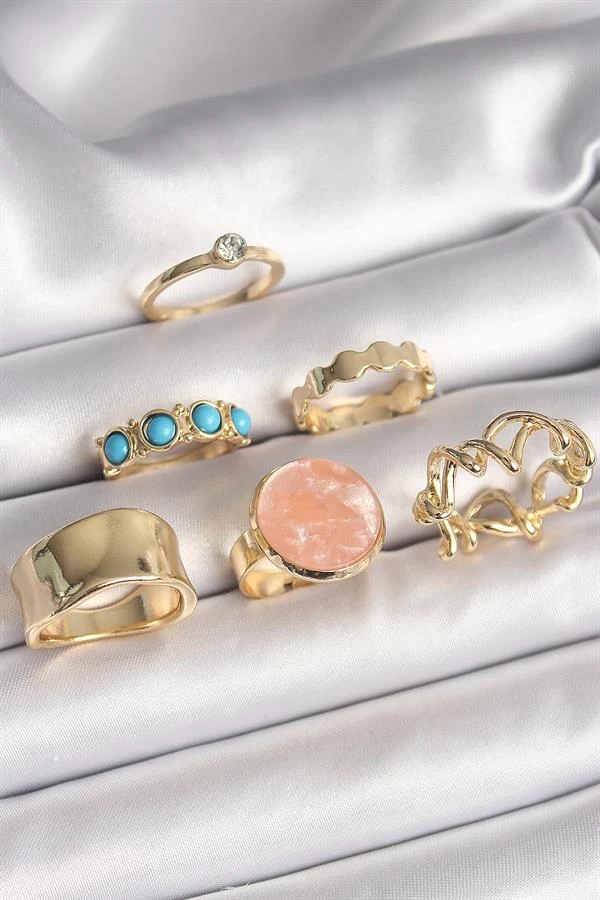 Pirinç Gold Renk Daire Pembe Mineli Zirkon Taş Detaylı 6'lı Kadın Yüzük Seti
