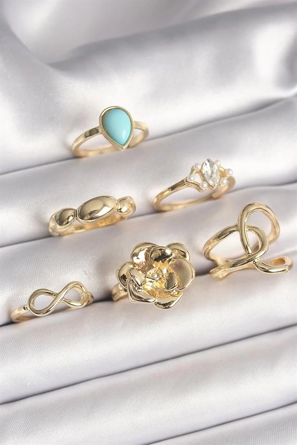 Pirinç Gold Renk Çiçek Model Model Sonsuzluk Zirkon Taş Detaylı 6'lı Kadın Yüzük Seti