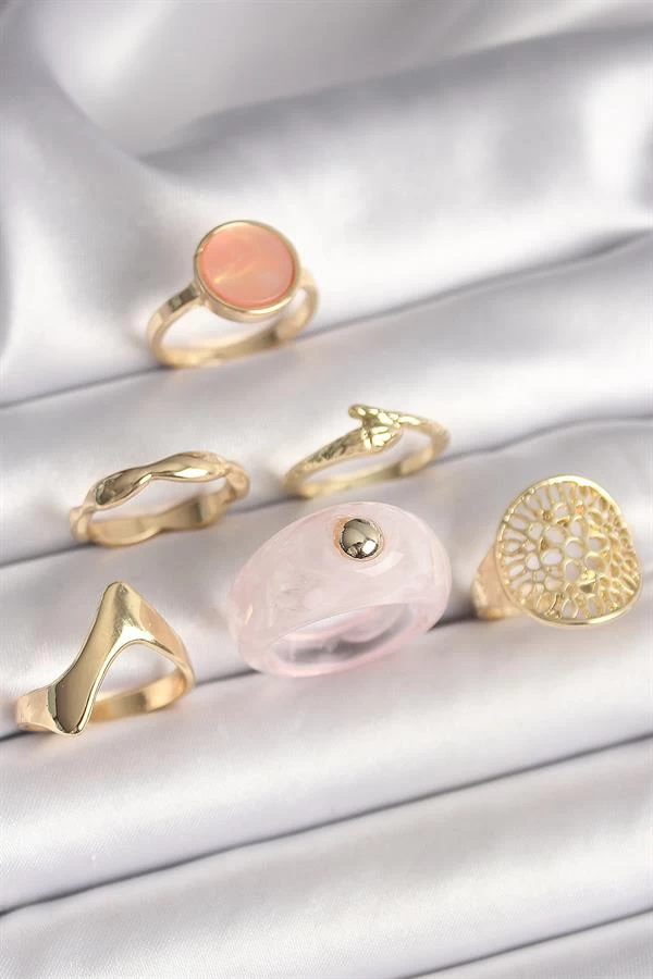 Pirinç Gold Renk Pembe Plastik Yüzük Model Daire Pembe Mine Yılan Detay 6'lı Kadın Yüzük Seti