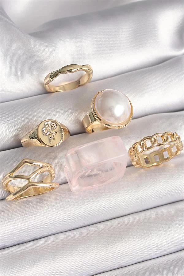 Pirinç Gold Renk Beyaz İncili Zincir Yüzük Figür İşleme Detay 6'lı Kadın Yüzük Seti