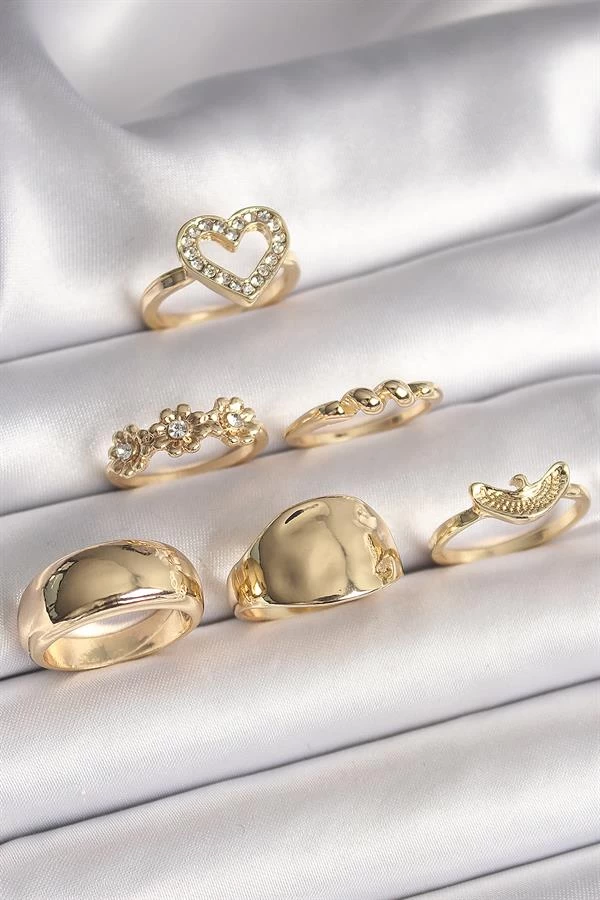 Pirinç Gold Renk Zirkon Taşlı Kalp Figür Kuş Detay 6'lı Kadın Küpe Seti