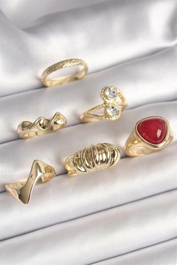 Pirinç Gold Renk Sarmal Modl Zirkon Taşlı Sarmal Detay 6'lı Kadın Yüzük Seti