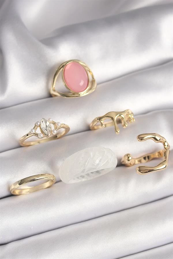 Pirinç Gold Renk Zirkon Taş Detaylı Pembe Mineli 6'lı Kadın Yüzük Seti