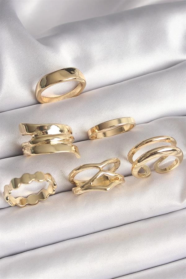 Pirinç Gold Renk İşlemeli Plaka Model 6'lı Kadın Yüzük Seti