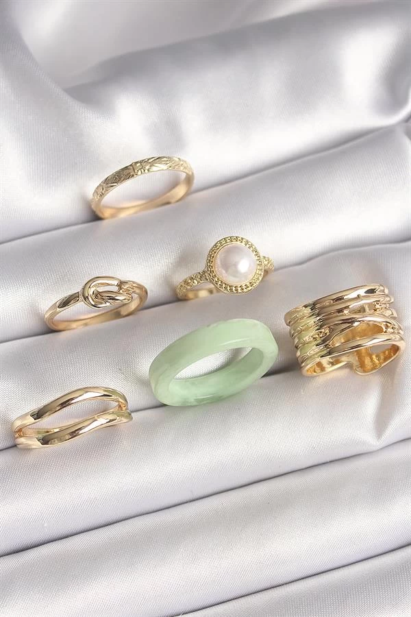 Pirinç Gold Renk Düğüm Model İncili İşlemeli Plaka Model 6'lı Kadın Yüzük Seti