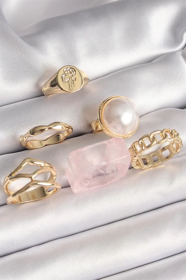 Pirinç Gold Renk Daire 3d İncili Figür Zincir Model Gül İşleme Detaylı 6'lı Kadın Yüzük Seti