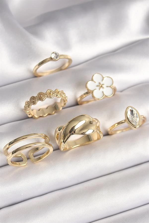 Pirinç Gold Renk Beyaz Çiçek Figür Zirkon Taşlı Kadın 6'lı Kadın Yüzük Seti
