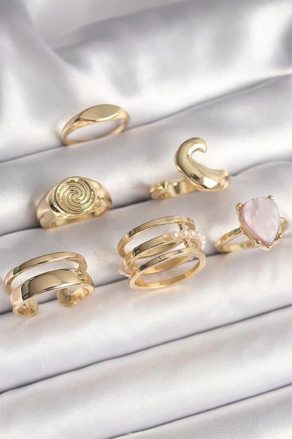 Pirinç Gold Renk Pembe Damla Mineli Sarmal İşleme Detaylı 6'lı Kadın Yüzük Seti