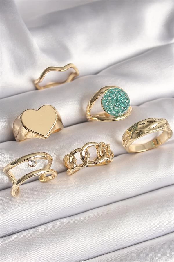 Pirinç Gold Renk Zirkon Taşlı Kalp Plaka Figür Mavi Simli Detay 6'lı Kadın Yüzük Seti