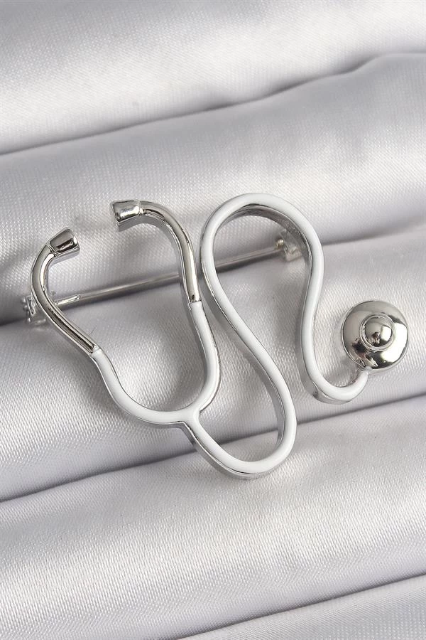 Pirinç Gümüş Renk Beyaz Steteskop Model Kadın Broş