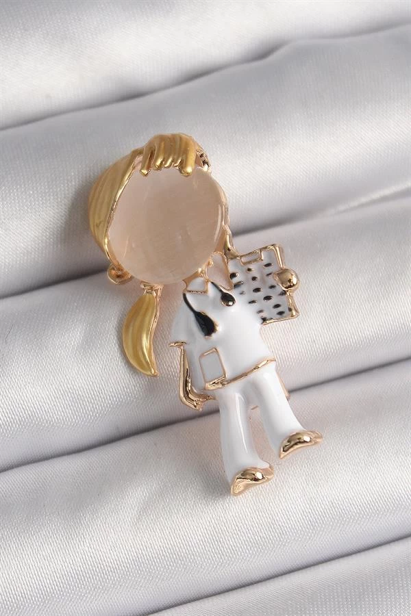 Pirinç Gold Renk Beyaz Mineli Doktor Model Kadın Broş