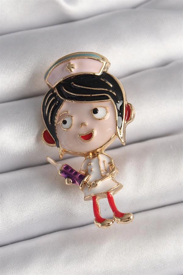 Pirinç Gold Renk Renkli Hemşire Model Kadın Broş