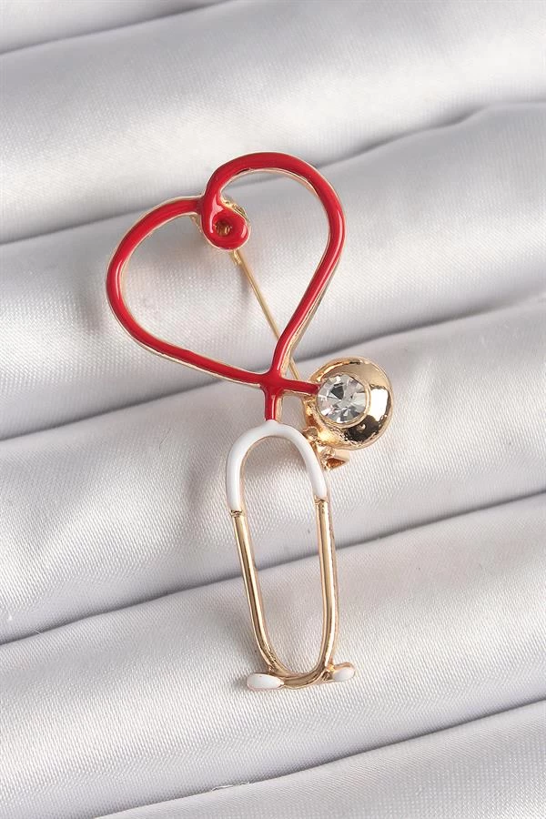 Pirinç Gold Renk Kırmızı Steteskop Model Zirkon Taş Detay Kadın Broş