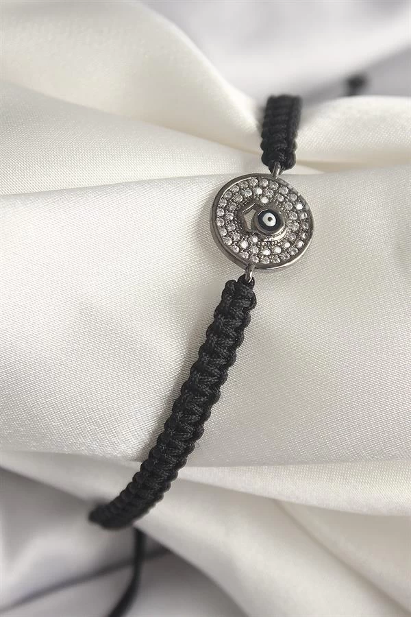 Pirinç Füme Renk Zirkon Taşlı Nazar Boncuk İşleme Makrome Asansörlü Model Kadın Bileklik