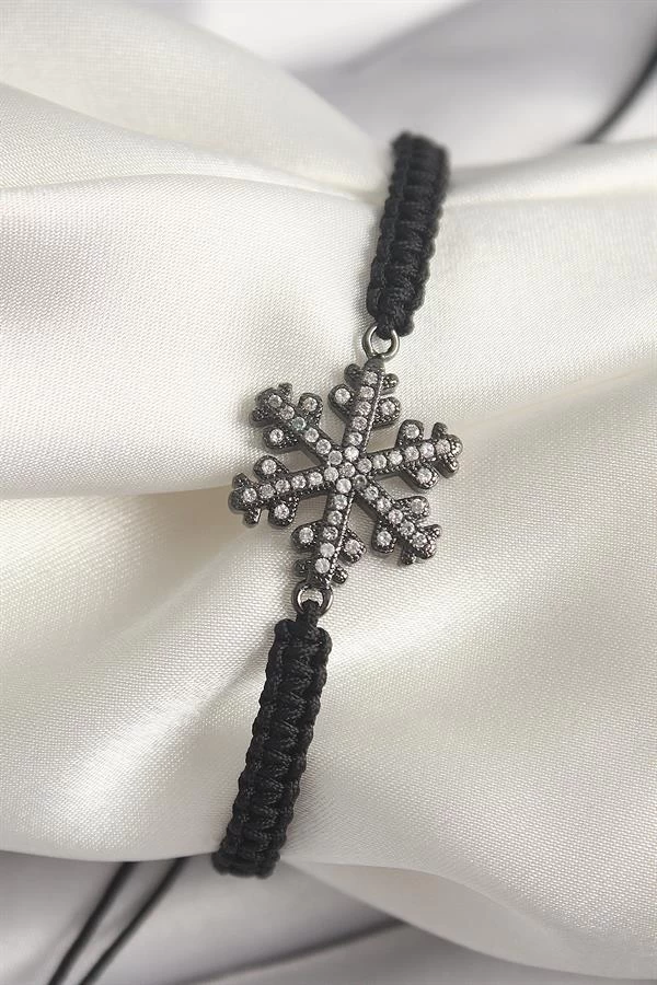 Pirinç Füme Renk Zirkon Taşlı Kar Tanesi Figür Makrome Asansörlü Model Kadın Bileklik