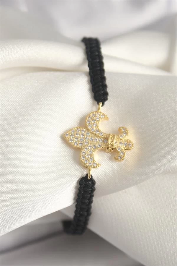 Pirinç Gold Renk Zirkon Taşlı Zambak Figür Asansörlü Makrome Model Kadın Bileklik