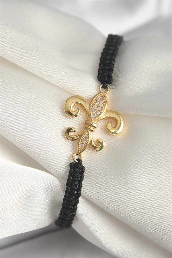 Pirinç Gold Renk Zirkon Taşlı Zambak Figür Asansörlü Makrome Model Kadın Bileklik