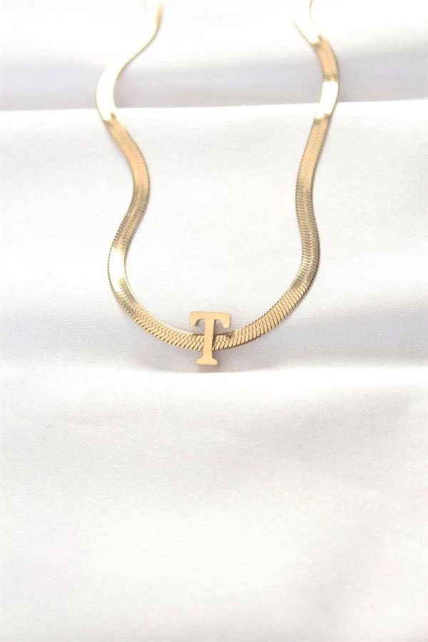316l Çelik T Harfli Gold Renk İtalyan Zincirli Kolye