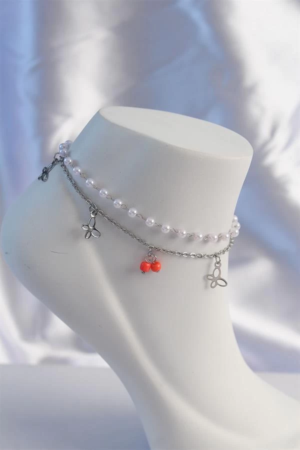 316l Çelik Gümüş Renk Minimal Kelebek Model İncili 2li Tasarım Halhal