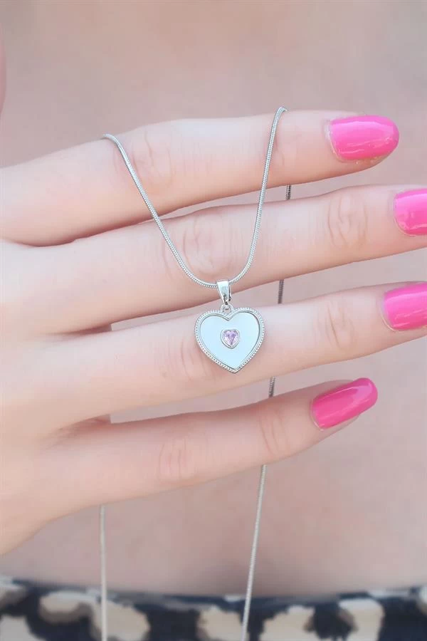 316l Çelik Gümüş Renk Kalp Model Pembe Kalp Zirkon Taş Detay Kadın Kolye
