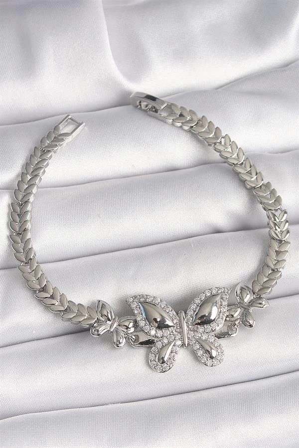 Pirinç Gümüş Renk Zirkon Taşlı Kelebek Model Kadın Bileklik