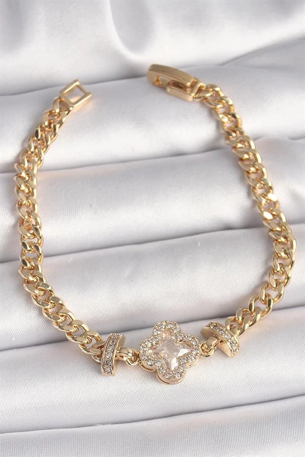 Pirinç Gold Renk Zirkon Taşlı Yonca Figür Zincir Model Kadın Bileklik