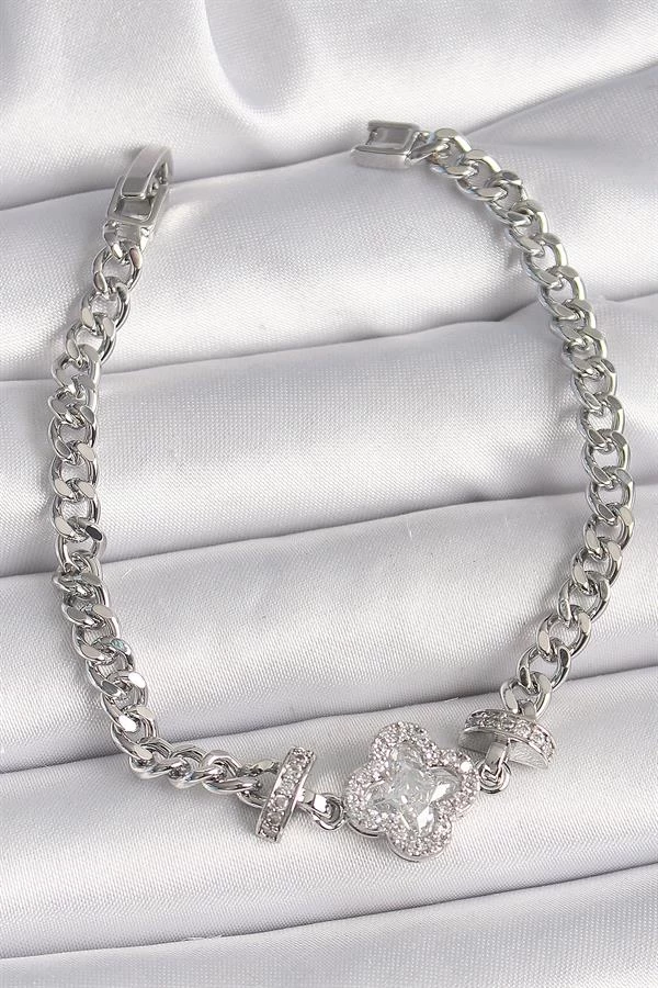 Pirinç Gümüş Renk Zirkon Taşlı Yonca Figür Zincir Model Kadın Bileklik