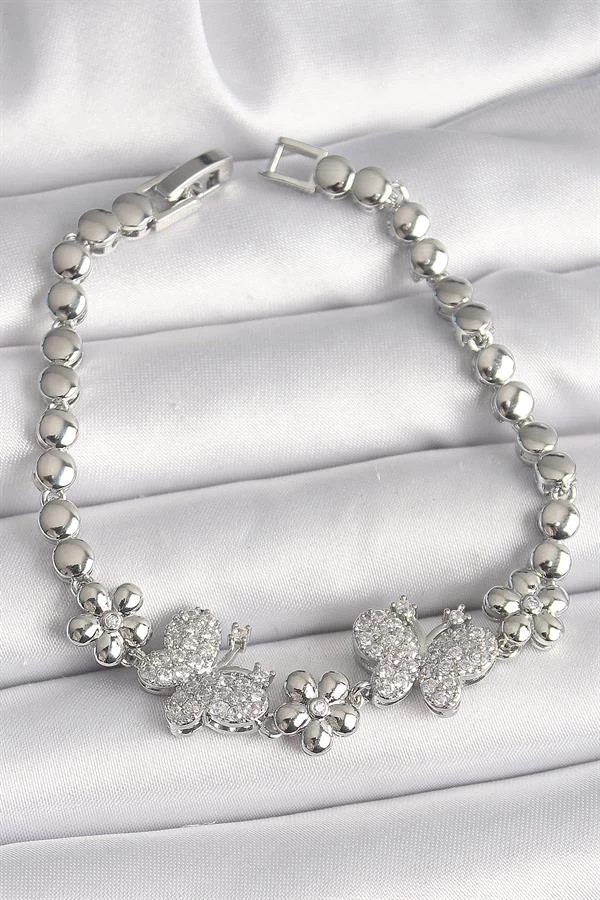 Pirinç Gümüş Renk Zirkon Taşlı Kelebek Figür Çiçek Zincir Model Kadın Bileklik