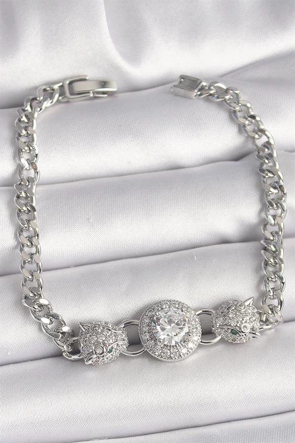 Pirinç Gümüş Renk Zirkon Taşlı Leopar Figür Zincir Model Kadın Bileklik