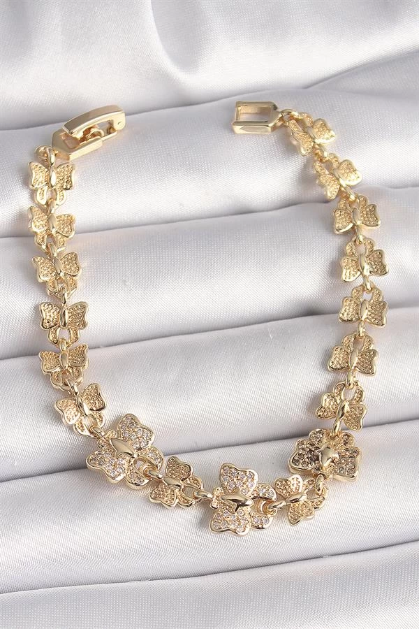 Pirinç Gold Renk Zirkon Taşlı Kelebek Model Zincir Kadın Bileklik