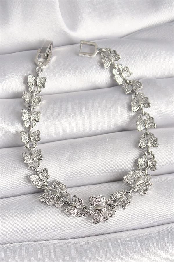 Pirinç Gümüş Renk Zirkon Taşlı Kelebek Model Zincir Kadın Bileklik
