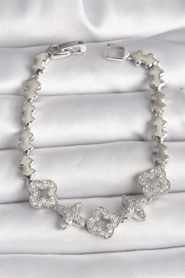 Pirinç Gümüş Renk Zirkon Taşlı Yonca Yıldız Model Kadın Bileklik