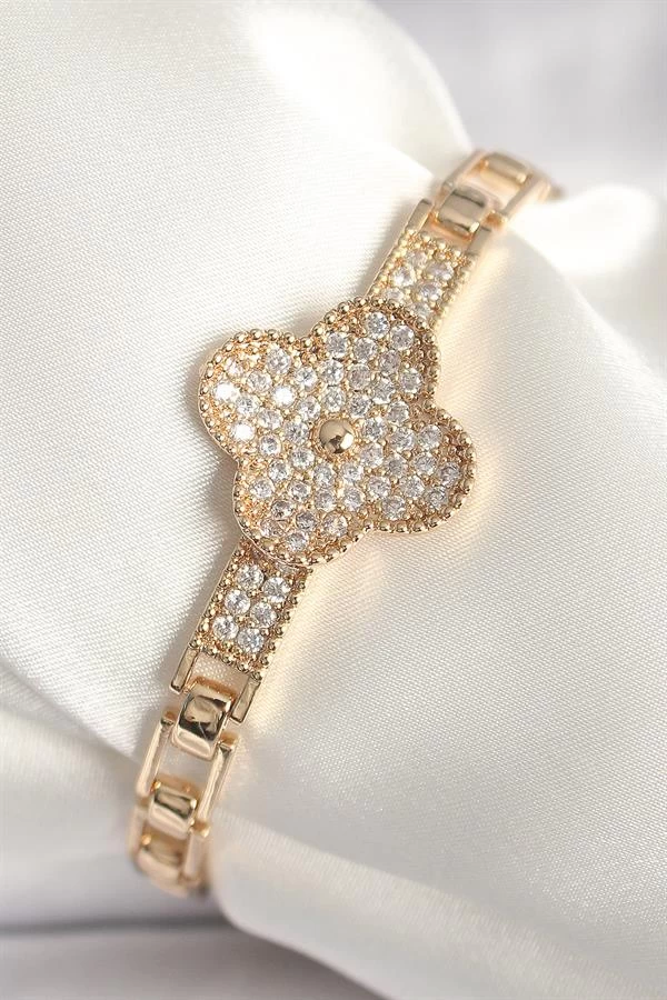 Pirinç Gold Renk Zirkon Taşlı Yonca Model Kadın Bileklik