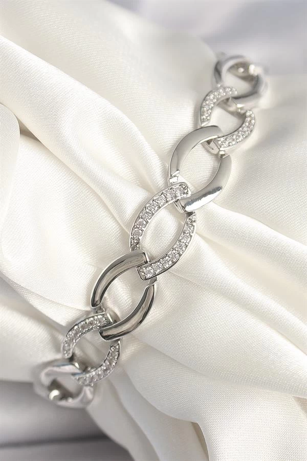 Pirinç Gümüş Renk Zirkon Taşlı Oval Zincir Model Kadın Bileklik