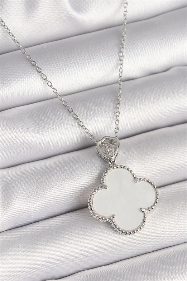 316l Çelik Gümüş Renk Zincir Zirkon Taş Detaylı Beyaz Yonca Model Kadın Kolye