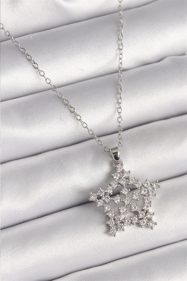 316l Çelik Gümüş Renk Zincir Zirkon Taşlı Kar Tanesi Model Kadın Kolye