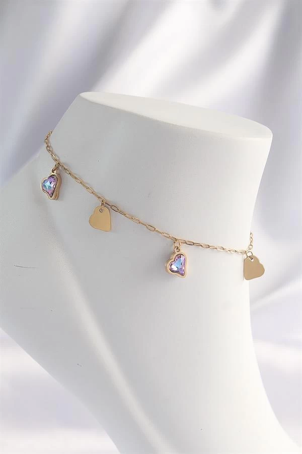 316l Çelik Gold Renk Minimal Renkli Zirkon Taşlı Kalp Halhal