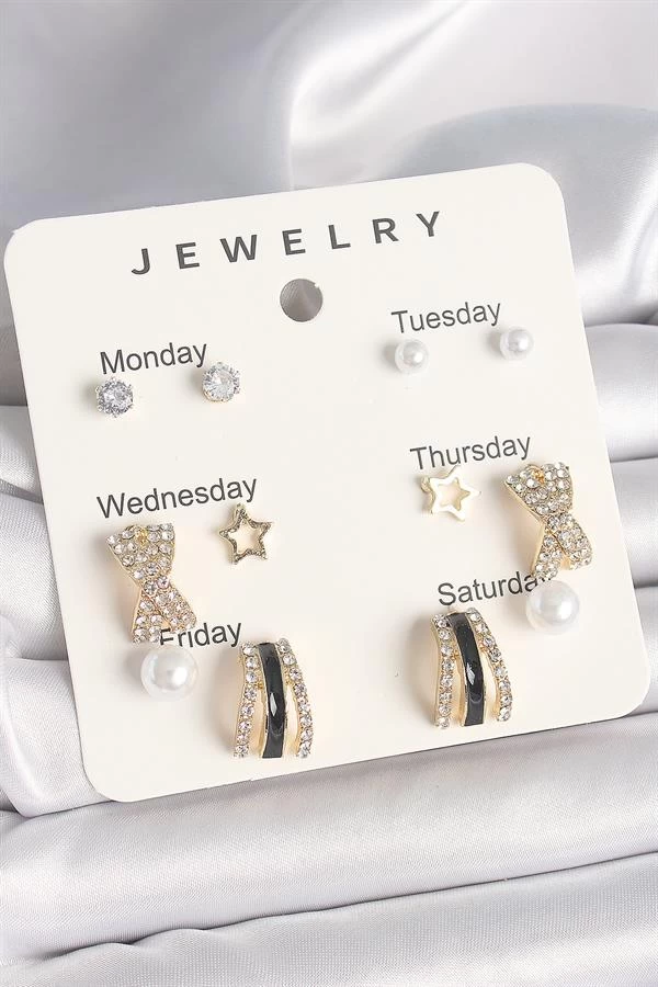 Pirinç Gold Renk Zirkon Taş Yıldız Detaylı İncili 7'li Set Kadın Küpe Seti