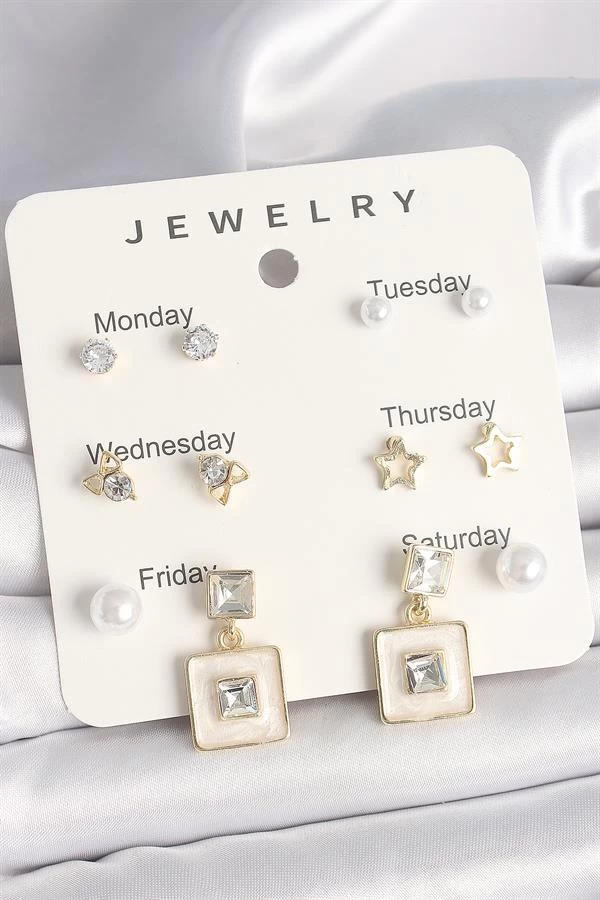 Pirinç Gold Renk Zirkon Taşlı Yıldız Figür Sallantı Beyaz Mineli Model 7'li Kadın Küpe Seti